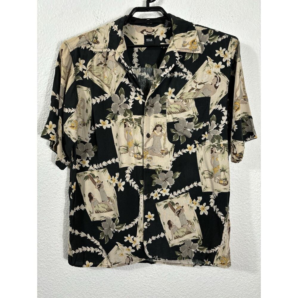 Silk‎ Icon Hawaiian Shirt Mens Size M Hula Girls Floral Short Sleeve Button Up